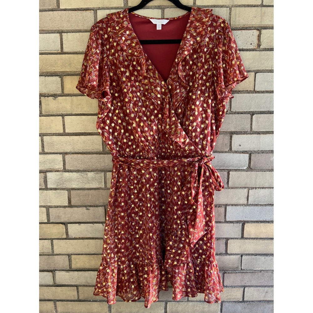 Lauren Conrad Rust Red Floral Gold Foil Dot Ruffle Wrap Dress Size Large
